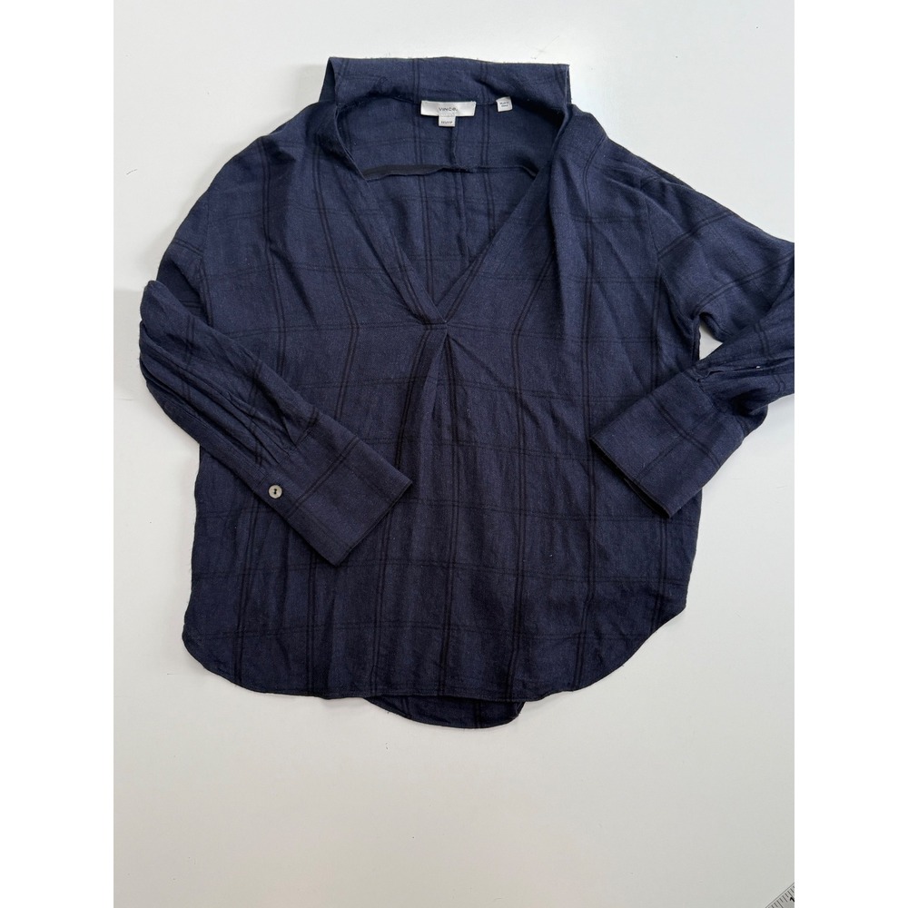 Vince Navy Blue Windowpane‎ Plaid V-Neck Blouse Long Sleeve Top XS